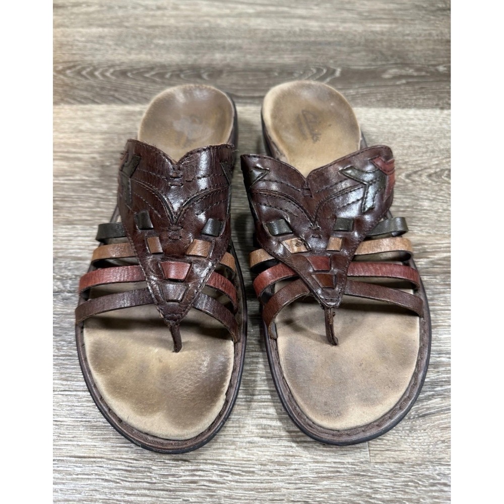 Clarks Bendables Womens 9M Brown Leather Woven‎ Thong Slide Sandals